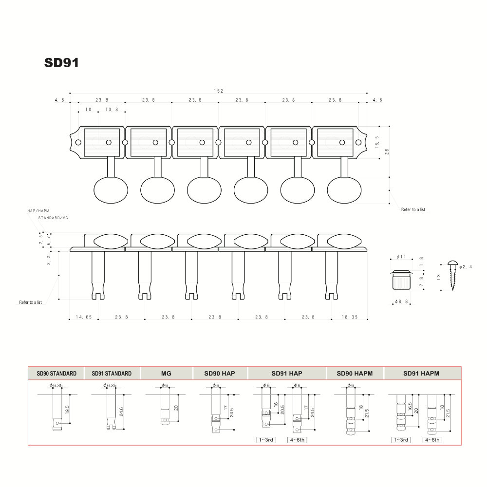 ゴトー GOTOH SD91-MG-05M-L6-Nickel ギター用ペグ サイズ詳細