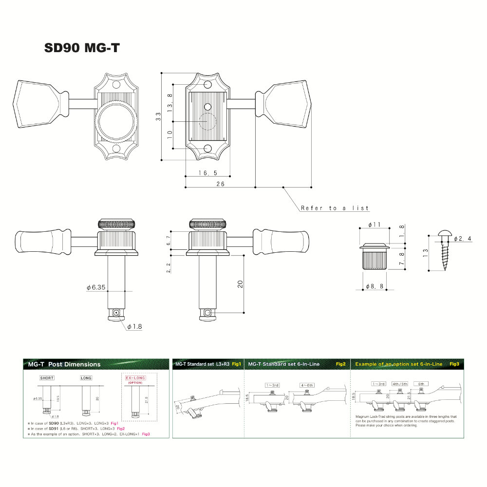 ゴトー GOTOH SD90-MG-T-SL-L3R3-Gold ギター用ペグ サイズ詳細