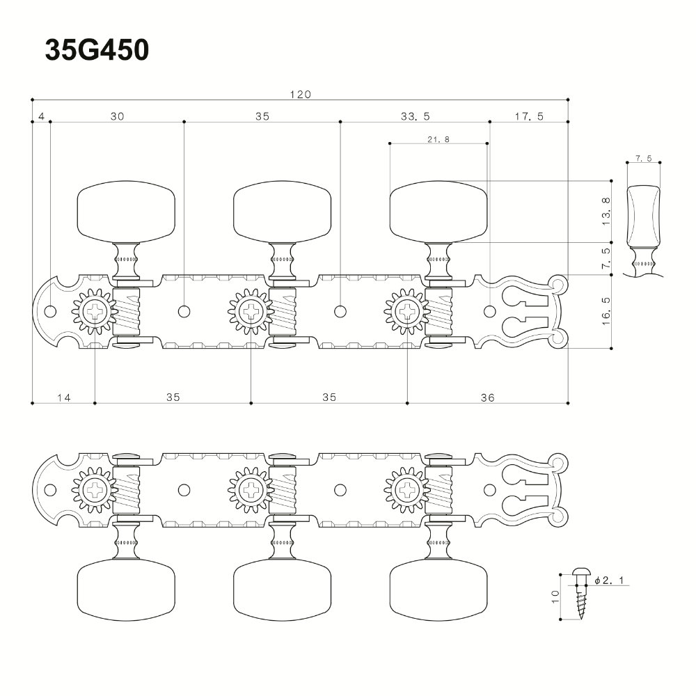 ゴトー GOTOH 35G450N-Nickel クラシックギター用ペグ サイズ詳細