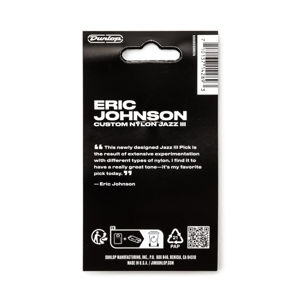 Jim Dunlop ジムダンロップ 407P138EJ ERIC JOHNSON CUSTOM NYLON JAZZ III PICK 1.38MM ギターピック 6枚入りプレイヤーズパック パッケージ裏画像