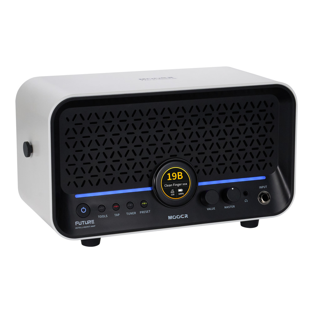 Mooer ムーアー F15i Li Snowfall White 小型ギターアンプ コンボアンプ タッチスクリーン搭載 デスクトップアンプ スピーカー 斜めアングル画像