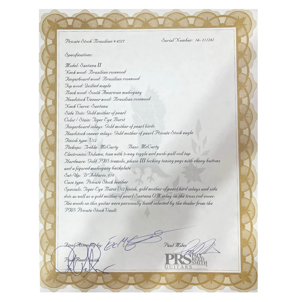 【中古】 エレキギター PRS Private Stock Santana II Tiger Eye Burst #4527 2014年製 3.92kg ハカランダネック ハカランダ指板 Paul Reed Smith Brazilian Rosewood Neck & FingerBoard 認定書