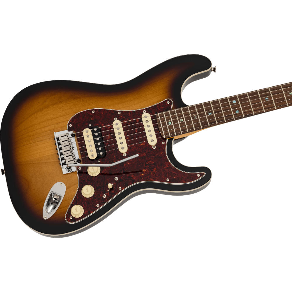 Fender フェンダー Made in Japan Limited Active Modern Stratocaster HSS RW 2-Color Sunburst エレキギター ストラトキャスター ボディ斜めアングル画像
