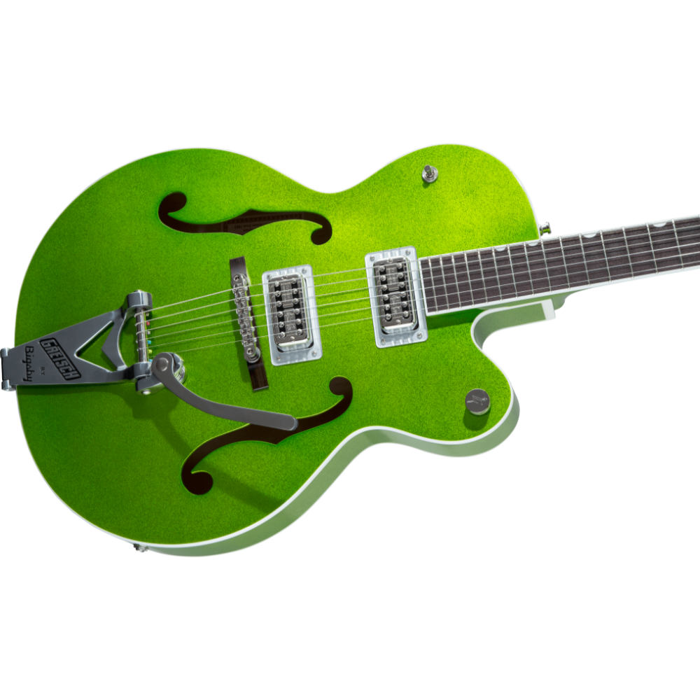 GRETSCH グレッチ G6120T-HR Brian Setzer Signature Hot Rod Hollow Body with Bigsby Extreme Coolant Green Sparkle エレキギター ボディ斜めアングル画像
