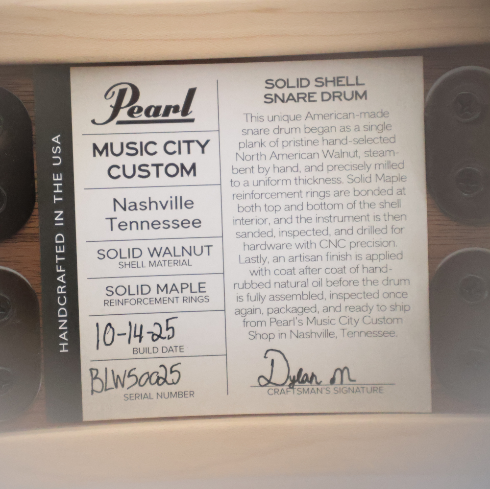 Pearl パール USA MUSIC CITY CUSTOM MCCW1450S/C Solid Walnut Shell 14×5.0 Red Figured Maple + Two Bands of Macassar Ebony スネアドラム 詳細画像