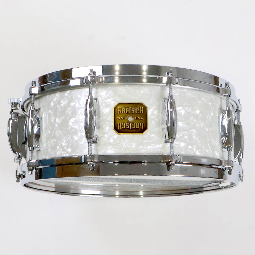 【中古】 スネアドラム グレッチ GRETSCH G-4158 14x5.5 White Marine Pearl Gretsch American Drum Series 75th Anniversary エンブレム側