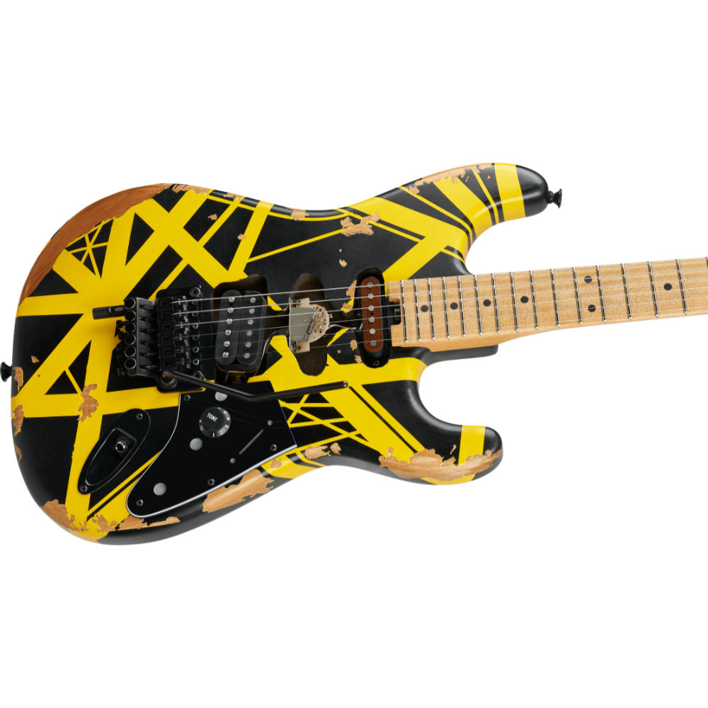 EVH イーブイエイチ Limited Edition Striped Series Frankenstein Frankie Black with Yellow Stripes Aged エレキギター ボディ斜めアングル画像