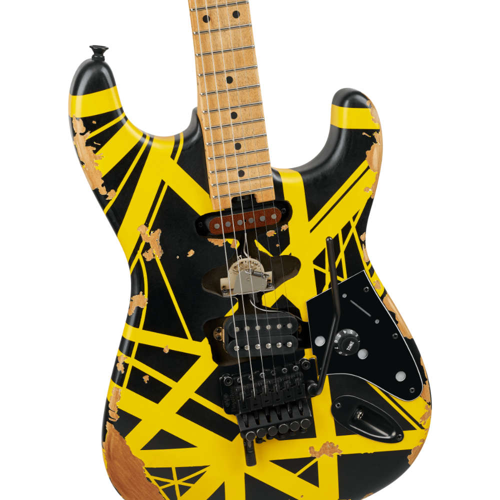 EVH イーブイエイチ Limited Edition Striped Series Frankenstein Frankie Black with Yellow Stripes Aged エレキギター ボディ画像