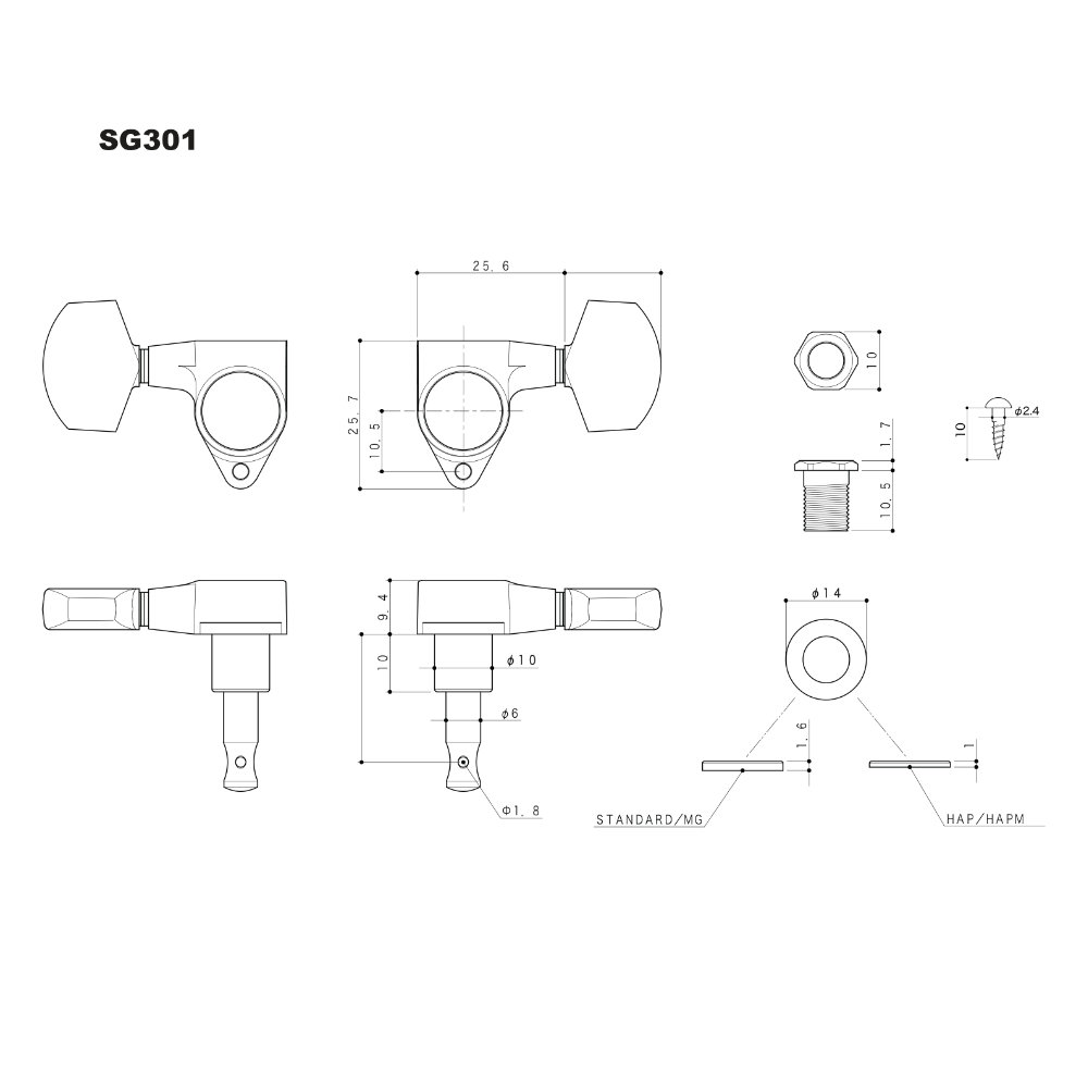 ゴトー GOTOH SG301-P4N-L3R3-Gold ギター用ペグ ゴールド サイズ詳細