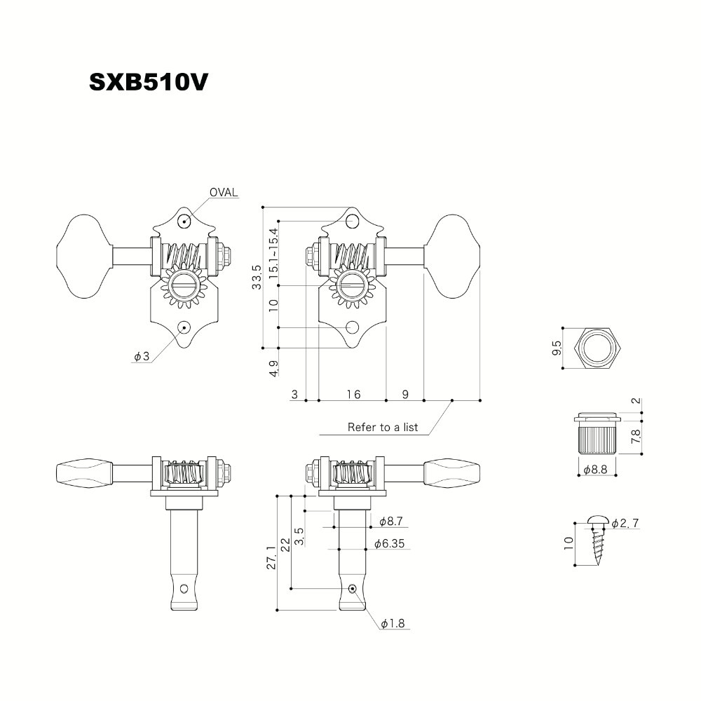 GOTOH ゴトー SXB510V-06M-L3R3-Gold ギター用ペグ ゴールド サイズ詳細