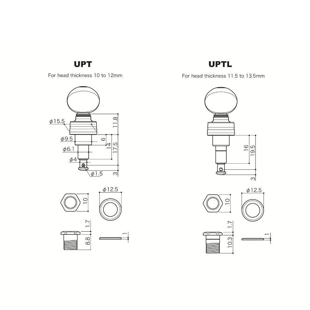 ゴトー GOTOH UPT-UB8-CW ウクレレ用ペグ クロームホワイト ギアペグ サイズ詳細