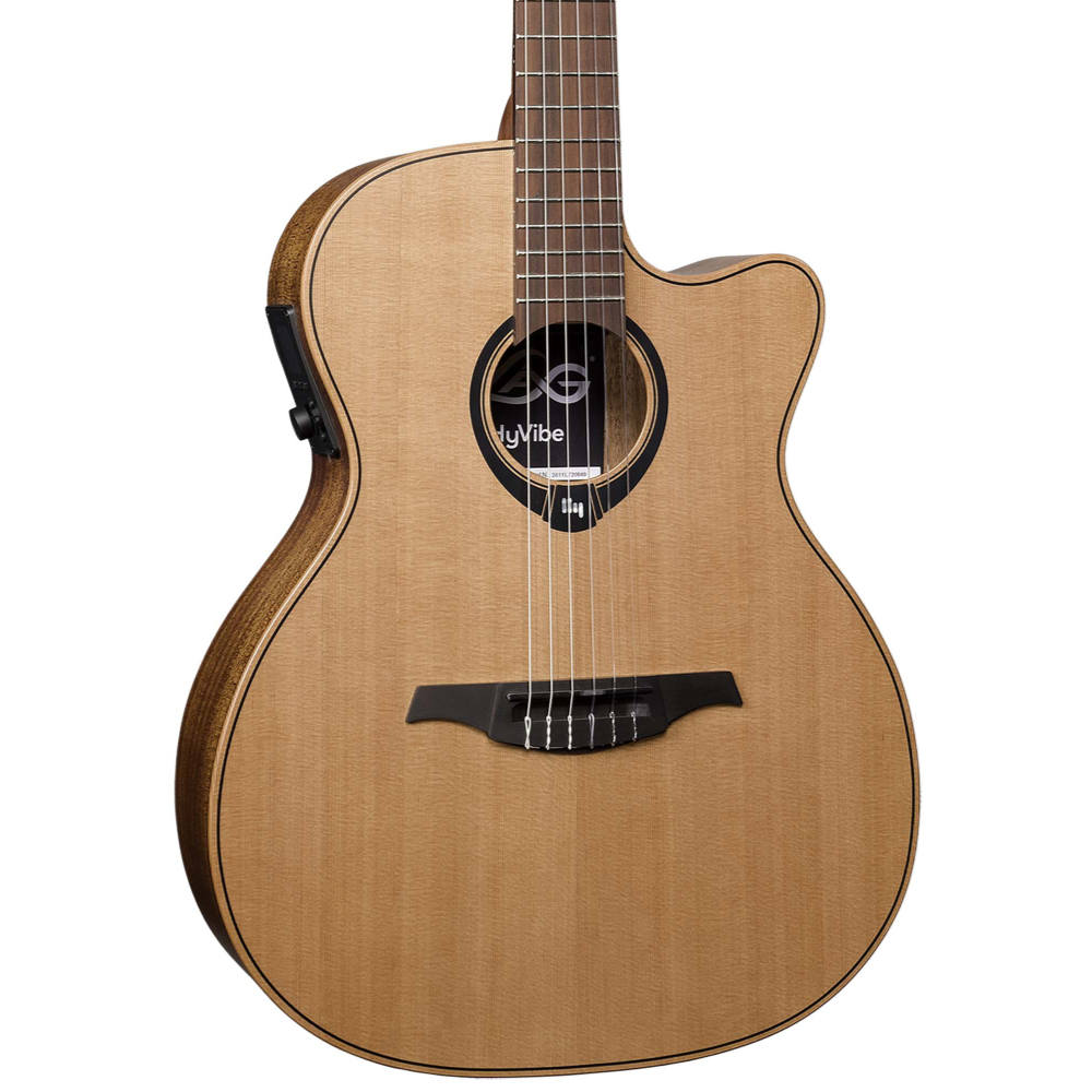 エレガットギター LAG GUITARS HV10-N-ACE NEW HYVIBEシリーズ スマートギター クラシックギター ボディ左斜め画像