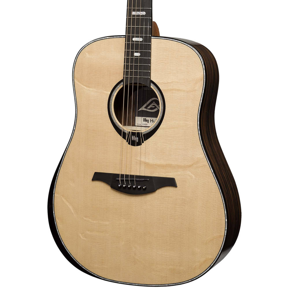 アコースティックギター LAG GUITARS HV50DE NEW HYVIBEシリーズ スマートギター ドレッドノートサイズ マッカーサーエボニーバック&サイド ボディ右斜め画像