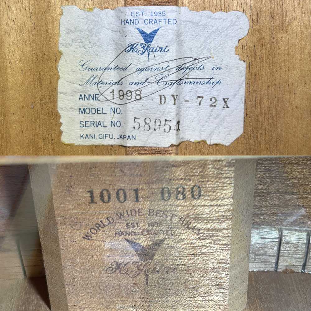 【中古】 アコースティックギター 12弦ギター Alvarez K.Yairi DY-72X 1998年製 Yairi Kヤイリ 内部 