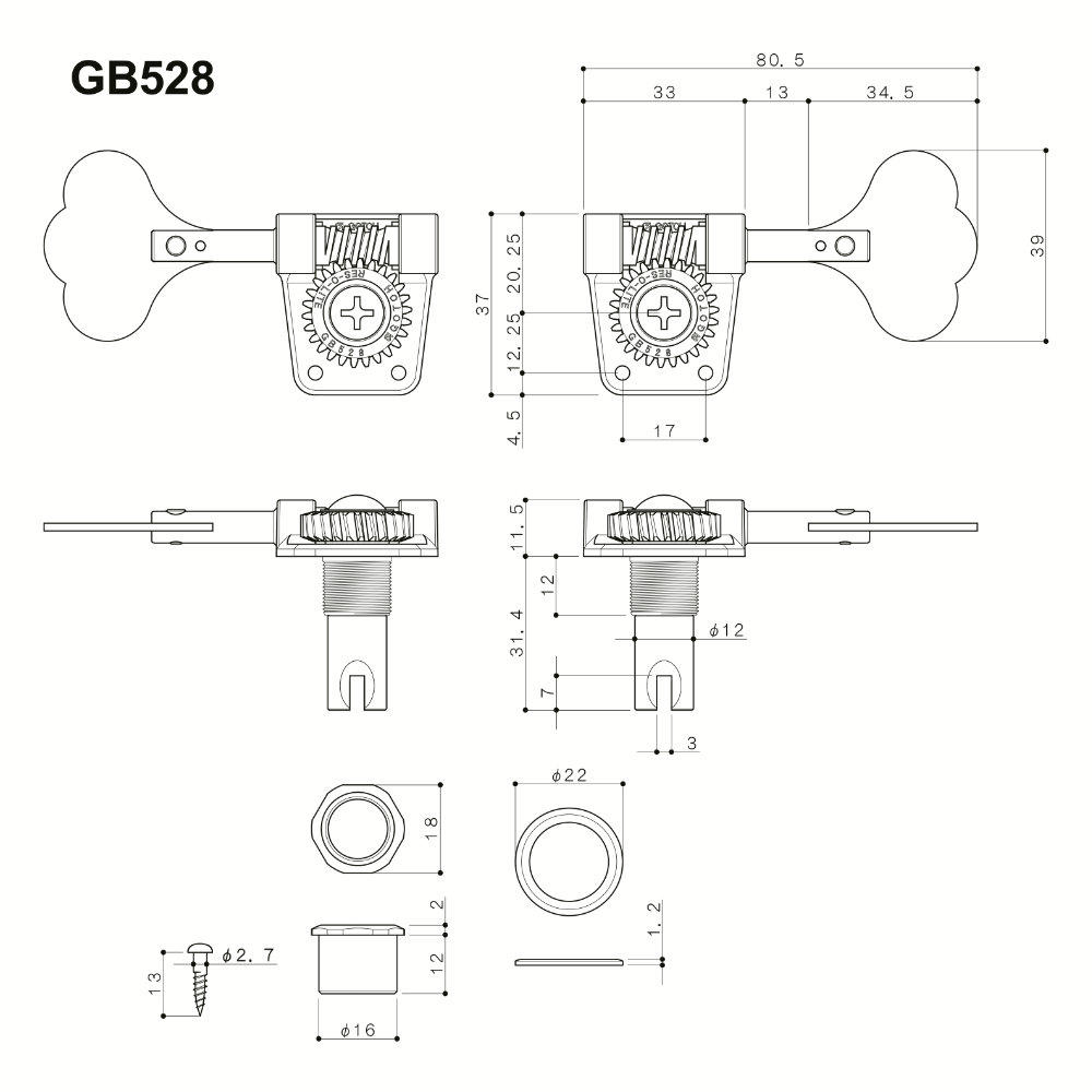 ゴトー GOTOH GB528-L4-Nickel ベース用ペグ サイズ詳細