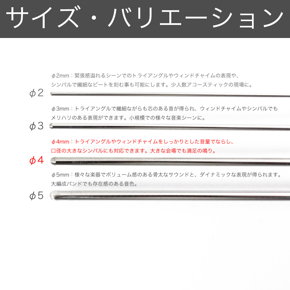 それぞれ特徴の異なるφ2mm〜φ5mmまでのサイズバリエーション。