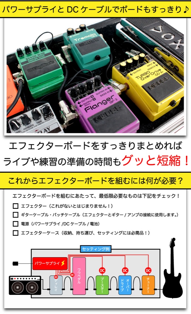 パワーサプライとDCケーブルでエフェクターボードもすっきり