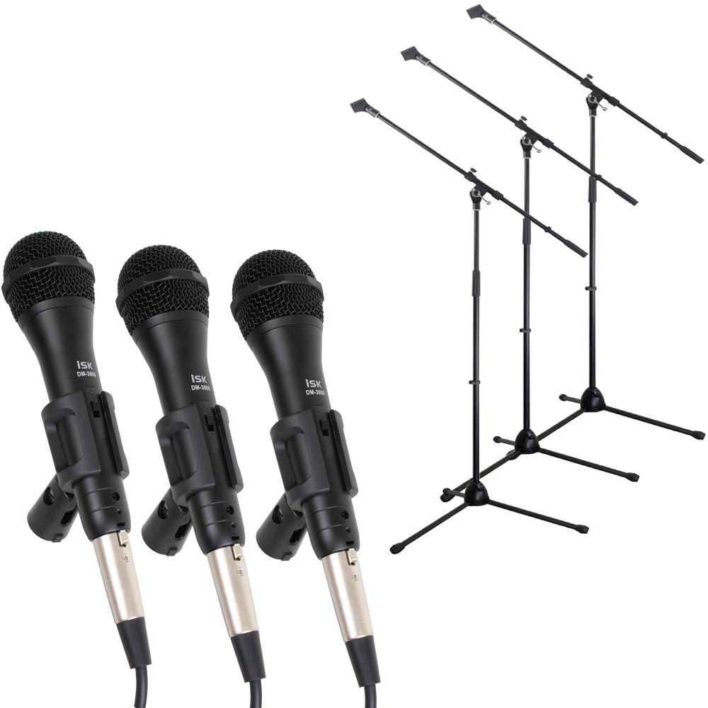 iSK DM-3600 ボーカル用 ダイナミックマイク 5mケーブル付き ブーム/ストレート兼用マイクスタンドセット×3セット