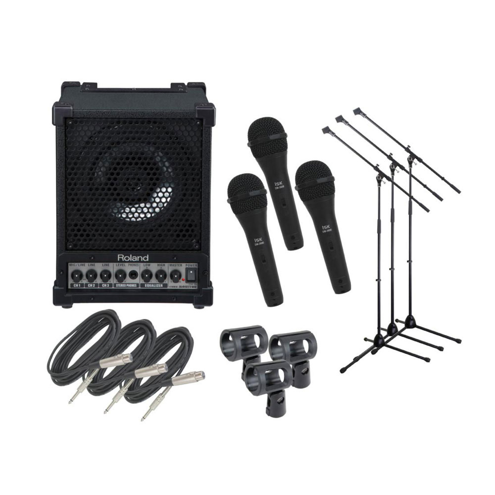 ROLAND CM-30 ポータブルミキシングモニター マイクケーブル付きダイナミックマイク (3本) マイクスタンド(3本) 簡易PA 7点セット
