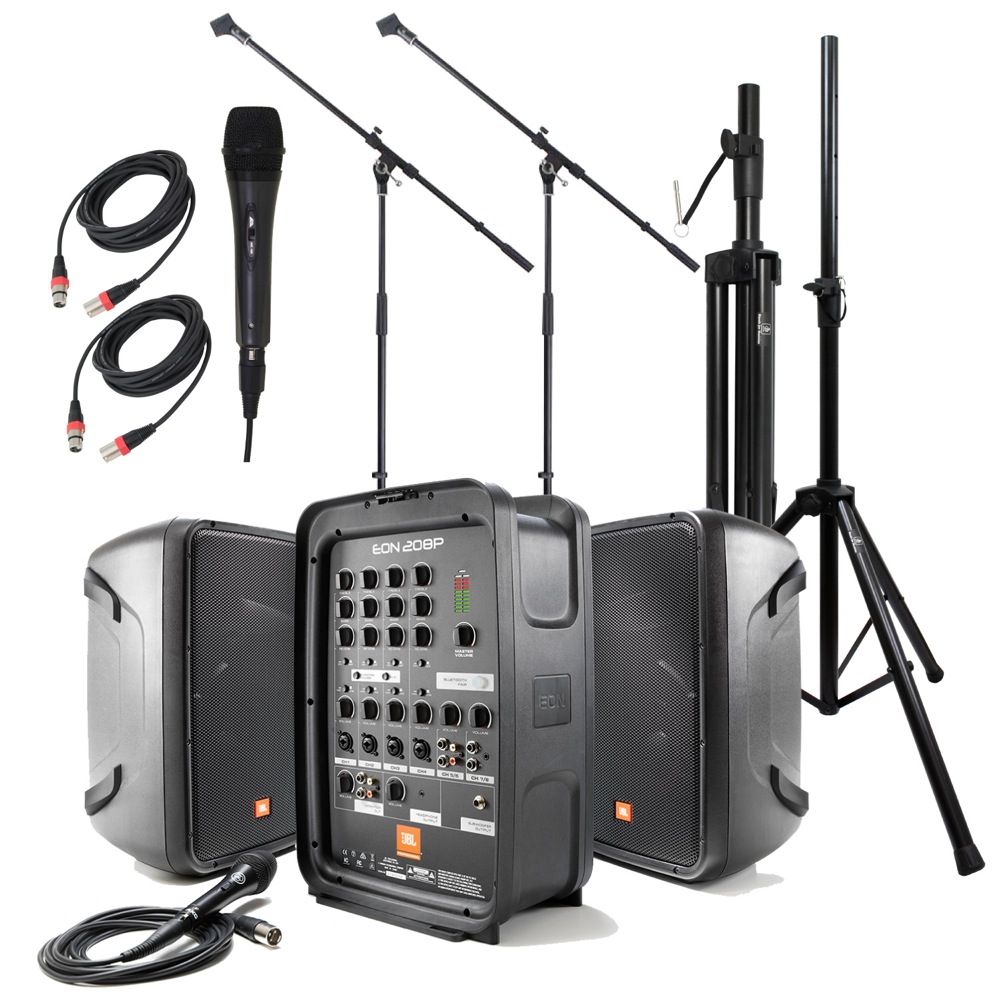 JBL PROFESSIONAL EON208P スピーカースタンド×2 マイクスタンド×2 ARIA ダイナミックマイク×1 HOSA マイクケーブル×2 簡易PA 7点セット