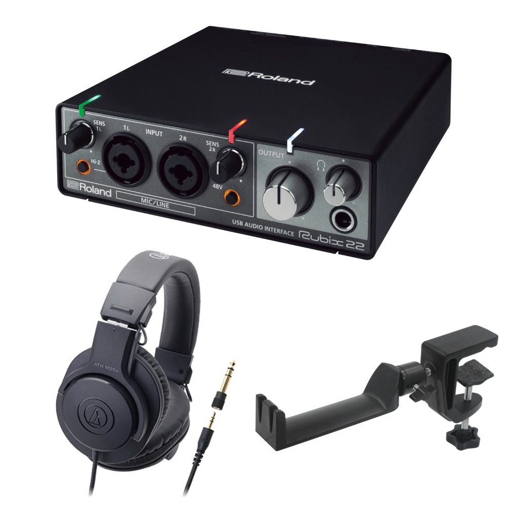 ROLAND Rubix22 USB AUDIO INTERFACE オーディオインターフェイス AUDIO-TECHNICA ATH-M20x モニターヘッドホン SEELETON マルチアングル ヘッドホンハンガー 3点セット