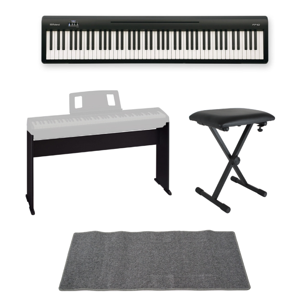 ROLAND FP-10 BK 電子ピアノ ポータブルピアノ 純正スタンド X型椅子 ピアノマット(グレイ)付きセット