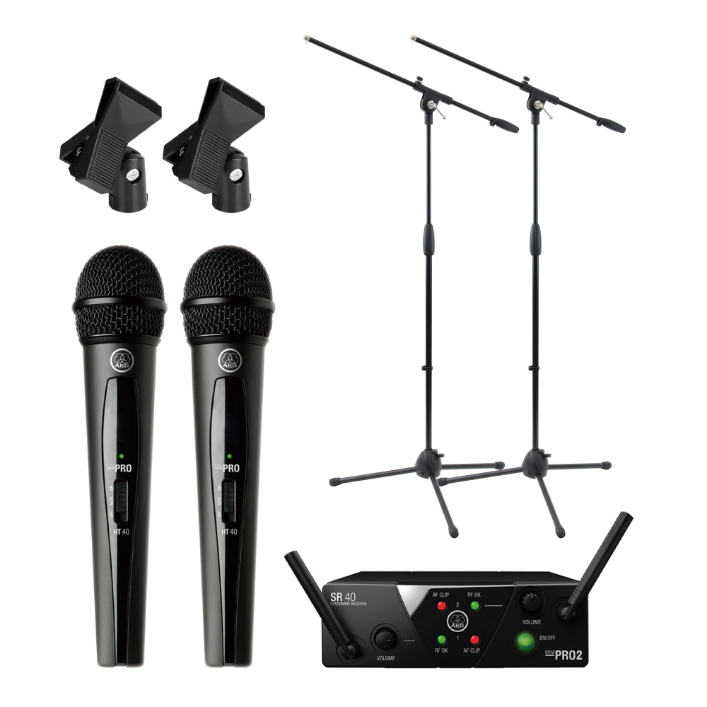 AKG WMS40 PRO MINI2 VOCAL SET DUAL ワイアレスマイク2本セット Dicon Audio MS-101 ブームマイクスタンド 2本 Hosa MHR-122 マイクホルダー 2個 5点セット