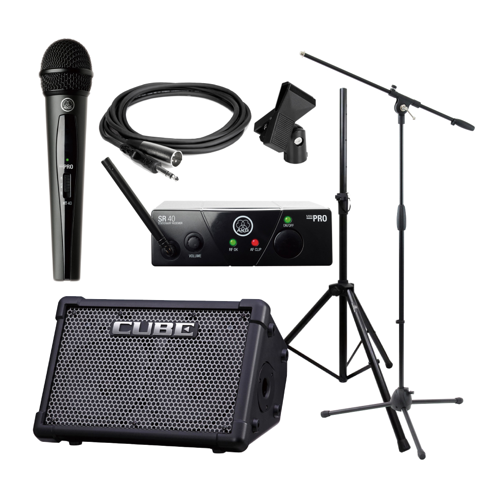 ROLAND CUBE Street EX BK ステレオ ポータブルアンプ AKG WMS40 PRO MINI VOCAL SET JP1 ワイアレスマイク スピーカースタンド マイクアクセサリ付きセット