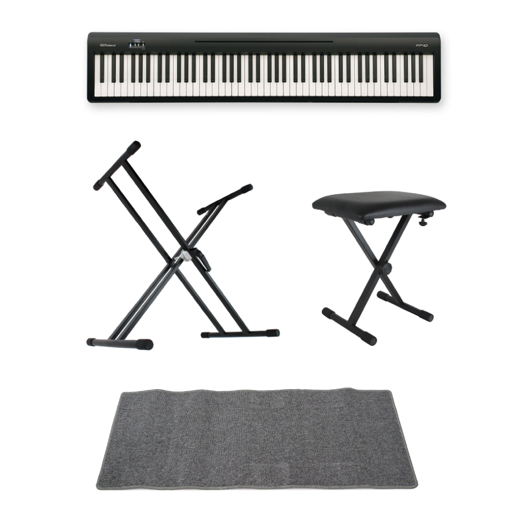 ROLAND FP-10 BK 電子ピアノ ポータブルピアノ X型スタンド X型椅子 ピアノマット(グレイ)付きセット