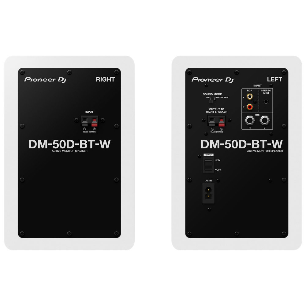 Pioneer DJ DM-50D-BT-W White Bluetooth搭載 パワードモニタースピーカー 1ペア（2台） ホワイト 白 Dicon Audio SS-032R 卓上スタンド ペア セット 背面画像