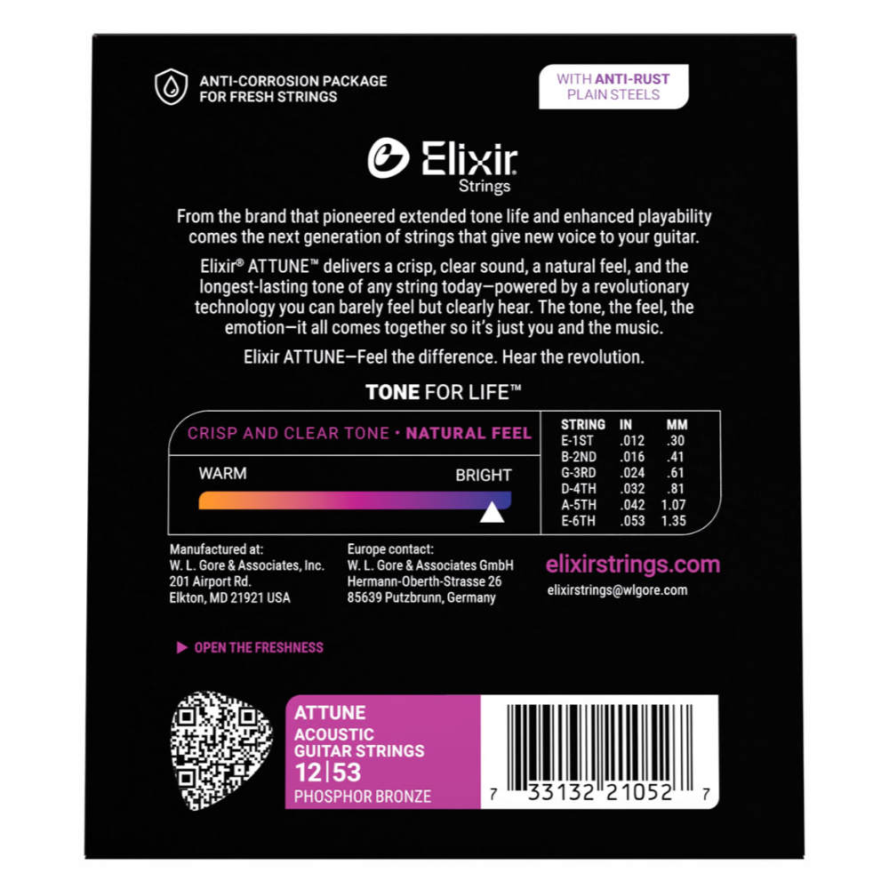 ELIXIR エリクサー 21052 ACOUSTIC ATTUNE 12-53 Phosphor Bronze Light アコースティックギター弦×3セット 裏面画像