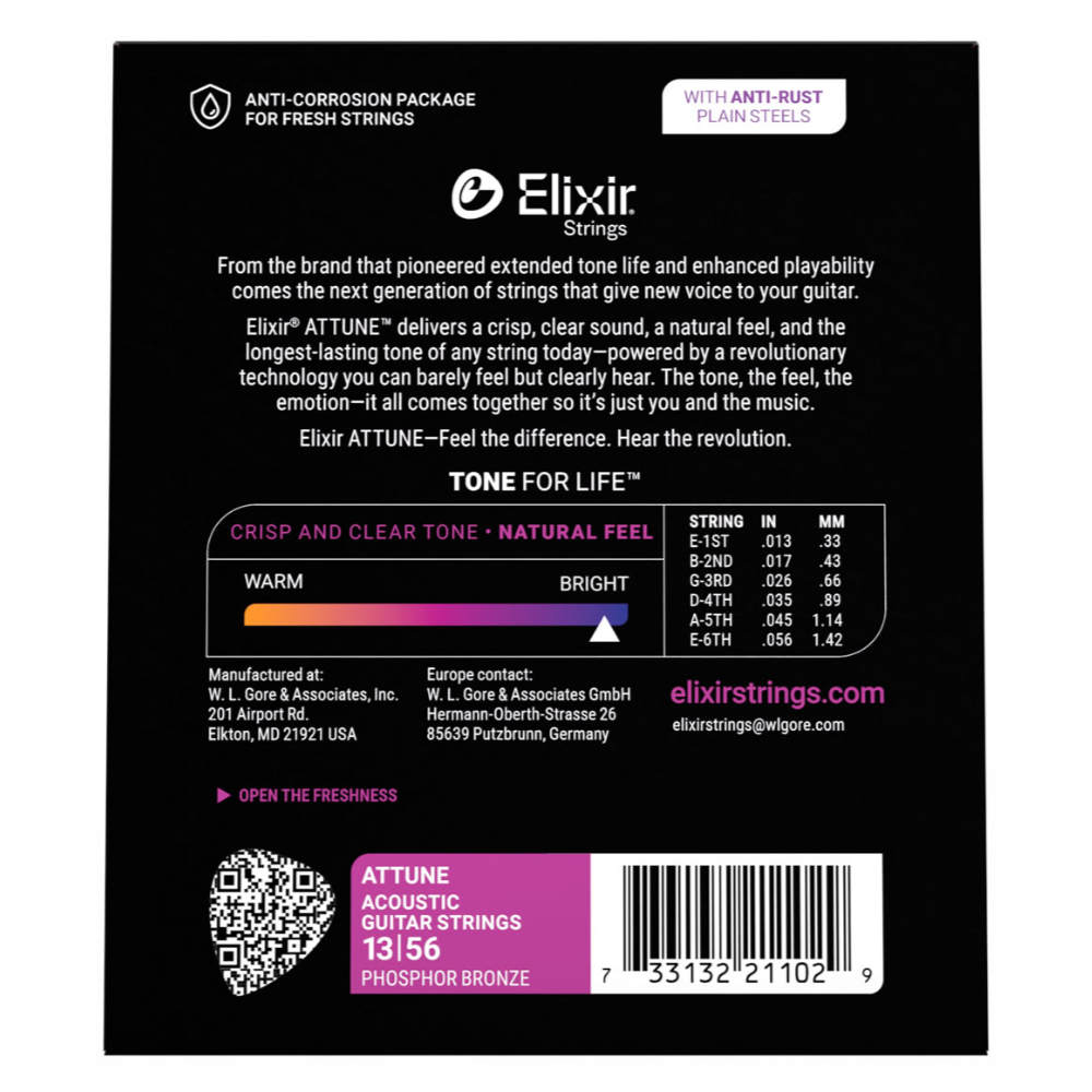 ELIXIR エリクサー 21102 ACOUSTIC ATTUNE 13-56 Phosphor Bronze Medium アコースティックギター弦×3セット バック画像