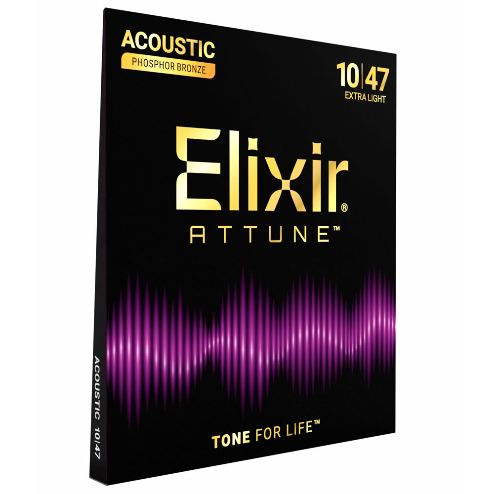 ELIXIR エリクサー 21002 ACOUSTIC ATTUNE 10-47 Phosphor Bronze Extra Light アコースティックギター弦×2セット 斜めアングル画像