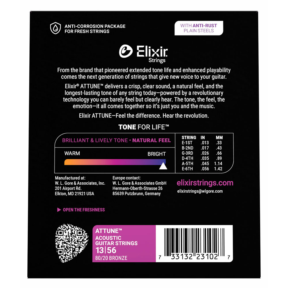 ELIXIR エリクサー 23102 ACOUSTIC ATTUNE 13-56 80/20 Bronze Medium アコースティックギター弦×3セット パッケージ裏面